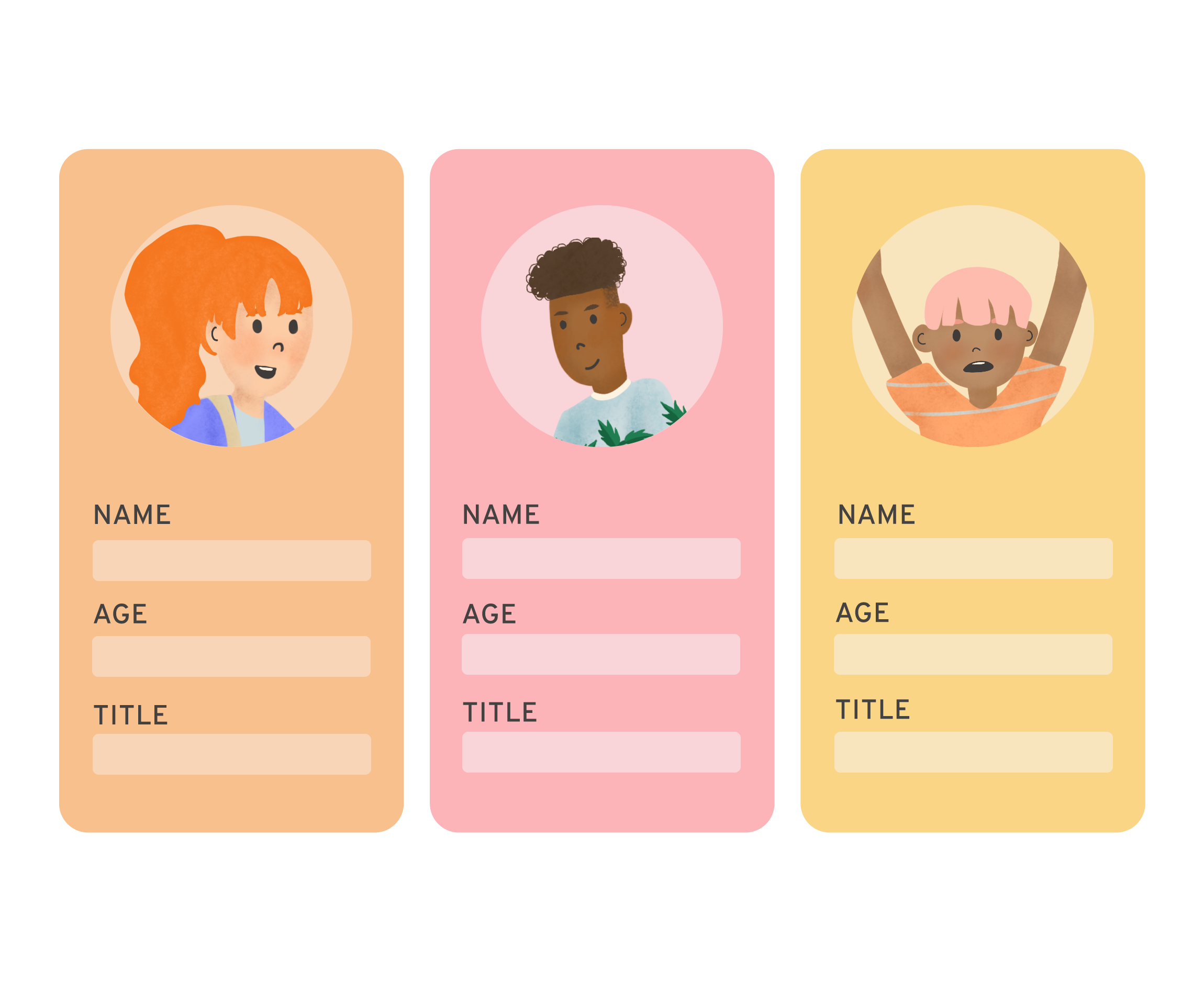 A drawing of three rectangular cards, each with the face of one of three young people followed by the words "Name", "Age", and "Title", each of which have blank areas under them.