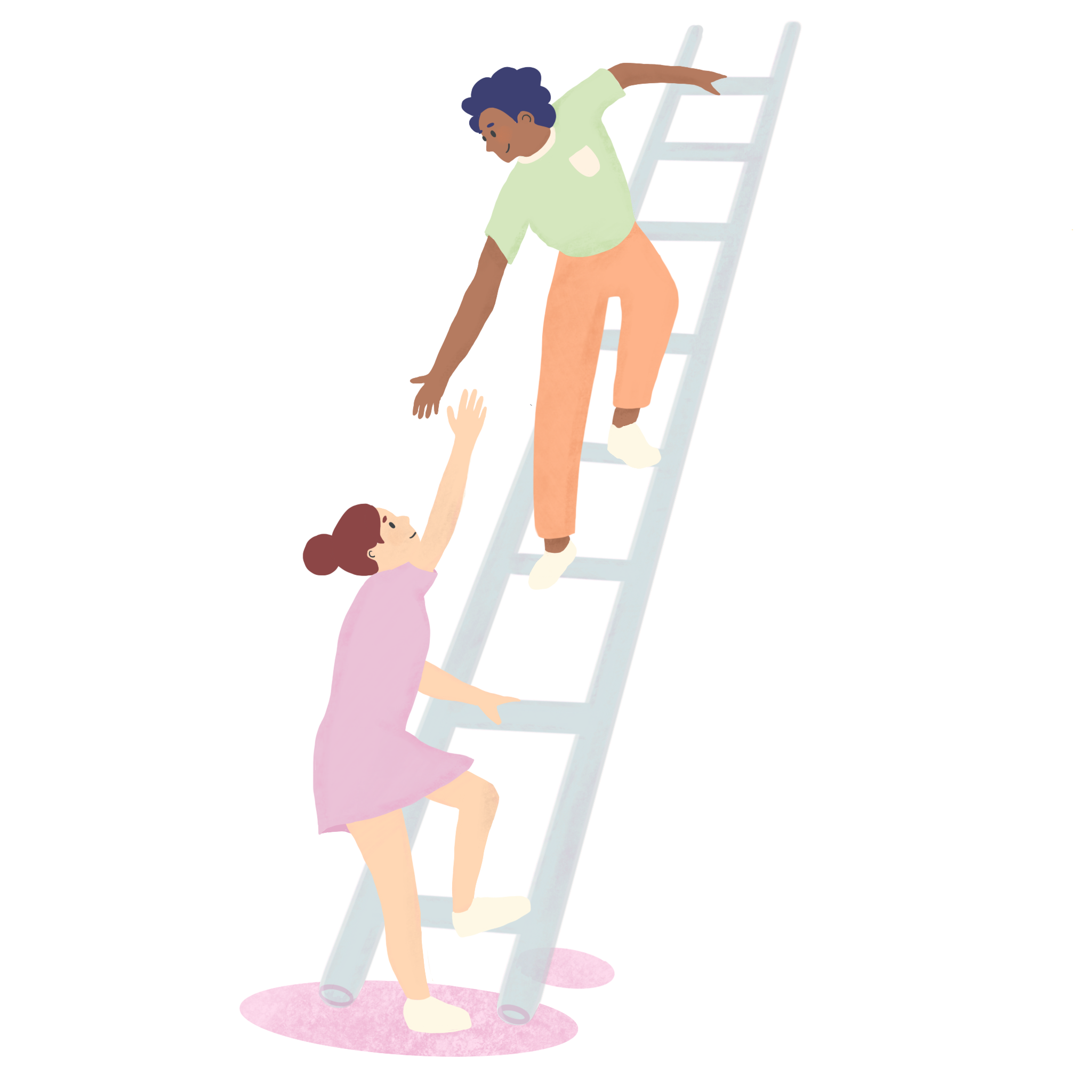 A drawing of two people climbing a ladder. The person near the top is lending their hand to the lower person.