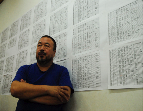 Ai Weiwei with his list of names of schoolchildren who died in the 2008 Sichuan earthquake, posted on the wall in his studio in Beijing.