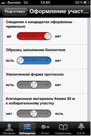Screenshot of the application with questions: “Information on candidates is correctly provided” (yes/no), “The pattern of a bulletin available” (yes/no), “Bigger version of protocol available”, “Propaganda materials closer than 50 meters from polling station”. Provided by WN team