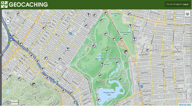 Image 2: A map from Geocaching.com highlights more than a dozen geocaches in Prospect Park in New York City.
