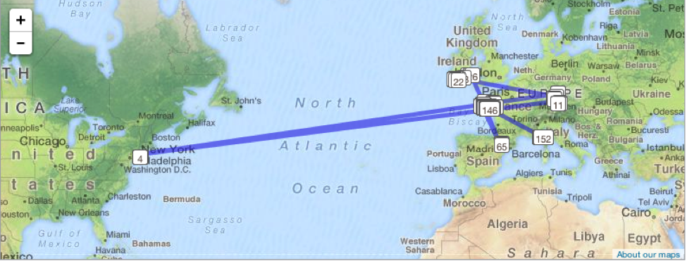 Image 5: A map of one tracking bug; it has been moved over 150 times (as of 6/2014) and has spent the majority of its time in Europe.