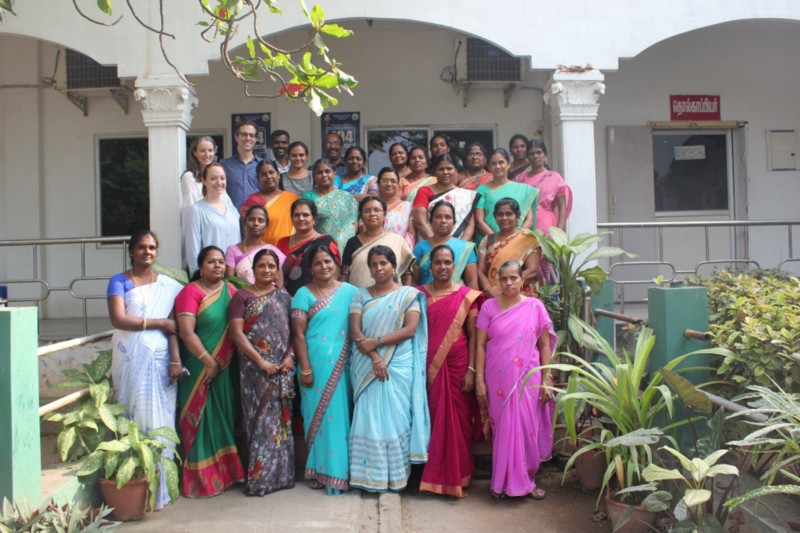 Teachers pose after completing training to facilitate Hygiene with Chhota Bheem (Institute of Public Health, Poonamallee, Chennai, Tamil Nadu; 23 January 2018).