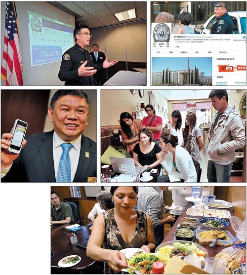 Clockwise description of images: Alhambra Source, a community news site in suburban Los Angeles, worked with the police department to develop an outreach initiative using Weibo, a Chinese version of Twitter.