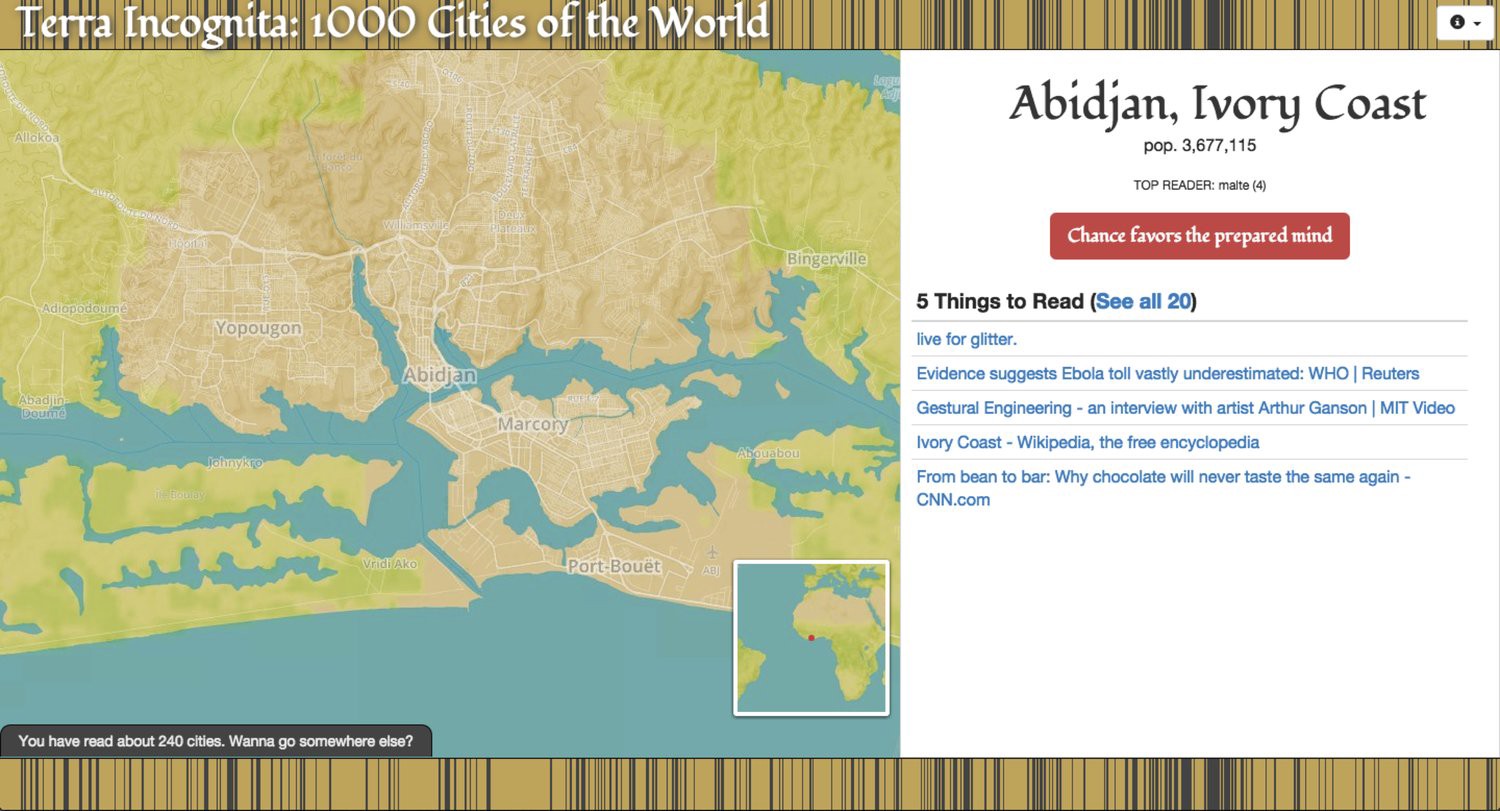 This case study describes “Terra Incognita: 1000 Cities of the World”, a serendipitous global news recommendation system designed to help people out of their personalized media filter bubbles.