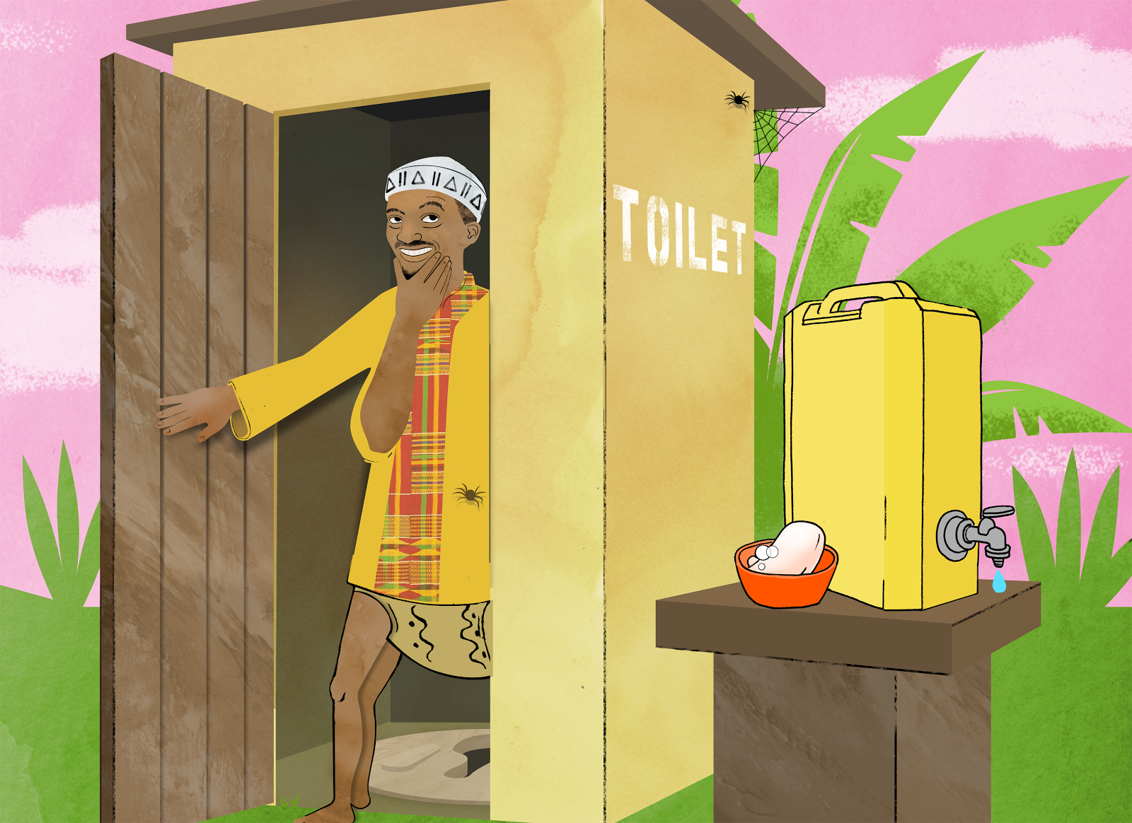 Ananse is a trickster character from traditional Ghanaian folklore. In Handwashing with Ananse, Ananse has hidden all of the handwashing knowledge in the world in his pockets.