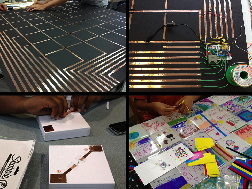 Figure 1. Foam board with copper traces (upper left), Electric Imp and a modem (upper right), back of tile boxes with copper connectors (lower left), and tile boxes with designs on board (lower right).