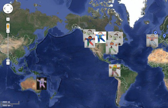 Figure 2: A digital plot of Flat Stanley’s journeys created in Google Maps. From Lisa Thumann, “Flat Stanley: The 21st Century Version.” Thumann Resources: 21st Century Ideas to Help Facilitate Good Teaching and Learning, September 6, 2011. http://thumannresources.com/2011/09/06/flat-stanley-the-21st-century-version/.