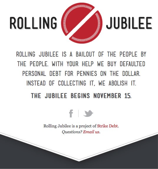 Rolling Jubilee teaser page screenshot shared on Facebook, October 22, 2012