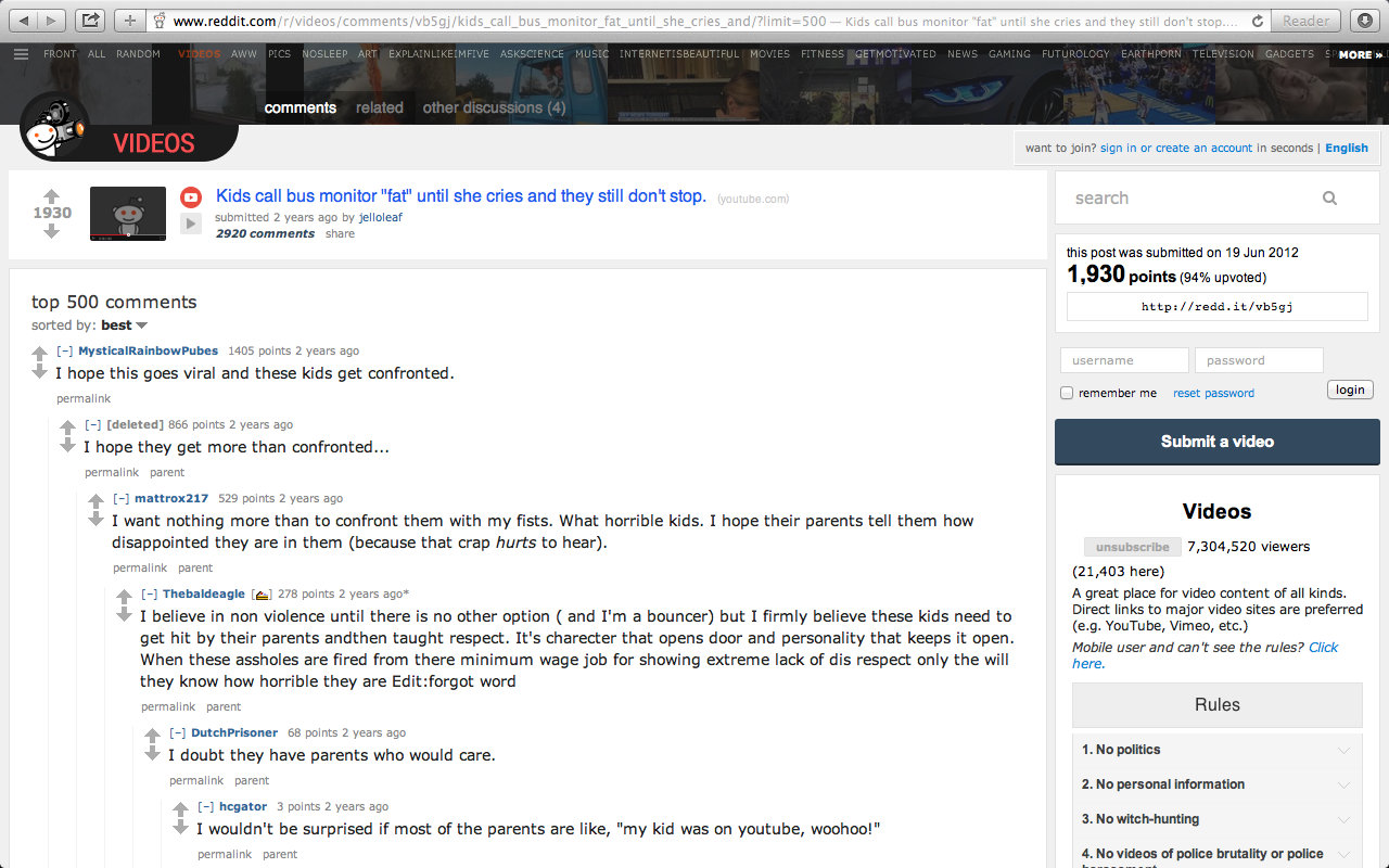 Image 4: Screenshot of one of the Reddit threads discussing the Karen Klein videos
