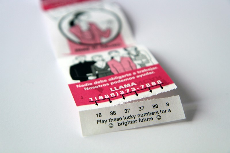 Figure 2: Tear-away tab featuring the National Human Trafficking Resource Center’s hotline number, disguised as a fortune cookie insert.