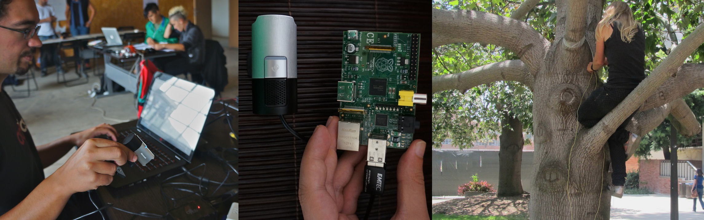 Prototype of the ARTiVIS surveillance kit showing the CPU module based on the Raspberry PI platform, using a USB HD camera as camera module, and a USB mini wifi adapter as network module.