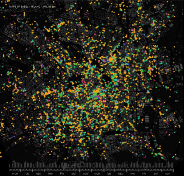 Figure 1 Screenshot produced during Urban Sensing and showing geo-located tweets in the city of Milan in January 2012 (Lupi et al. 2012)
