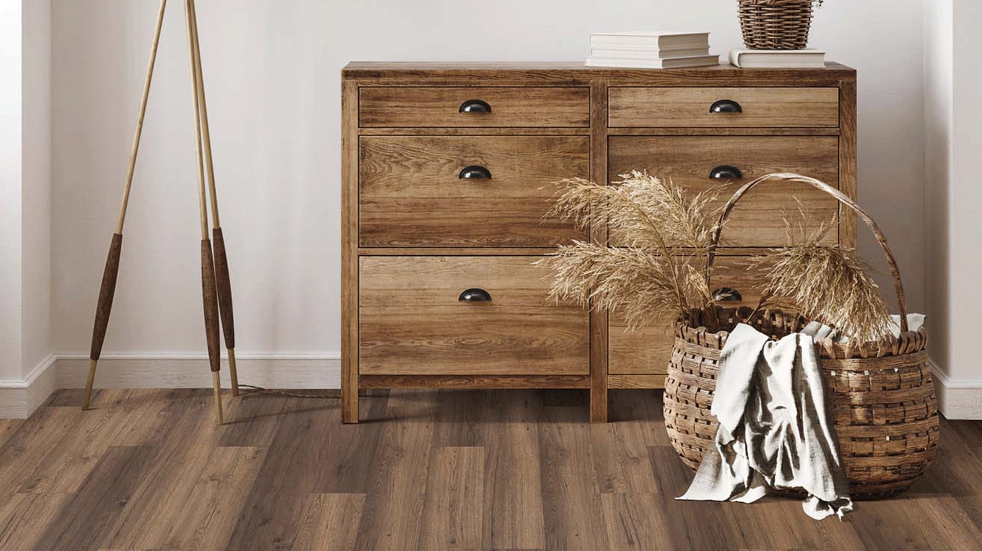 A chest, lamp, and basket on EF hard surface flooring