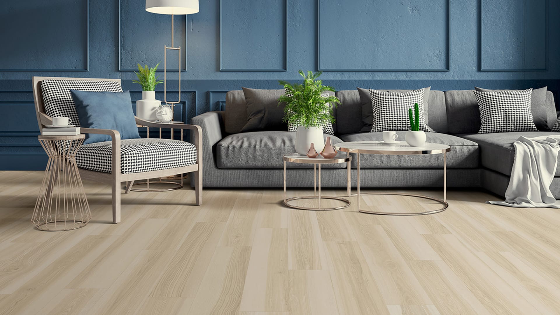Modern vintage interior of living room, gray sofa with wood armchair and cofee table on concrete floor tiles and dark blue wall,3d rendering