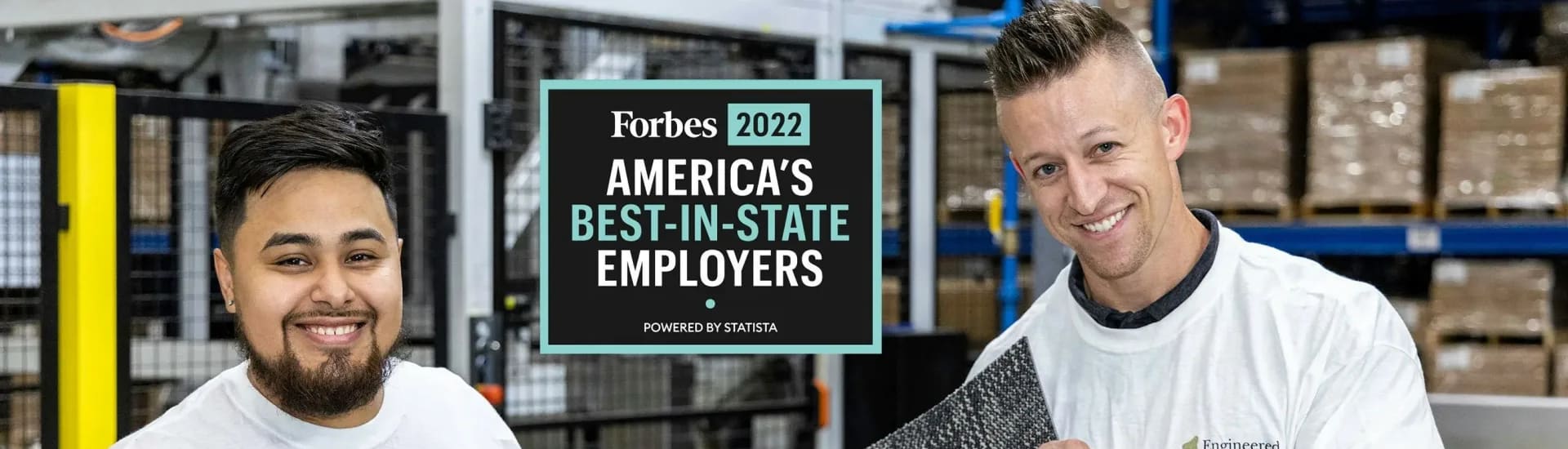 A warehouse scene featuring the Forbes 2022 America's best-in-state employers award