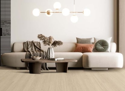 A modern living room with sofa and coffee table on EF hard surface flooring