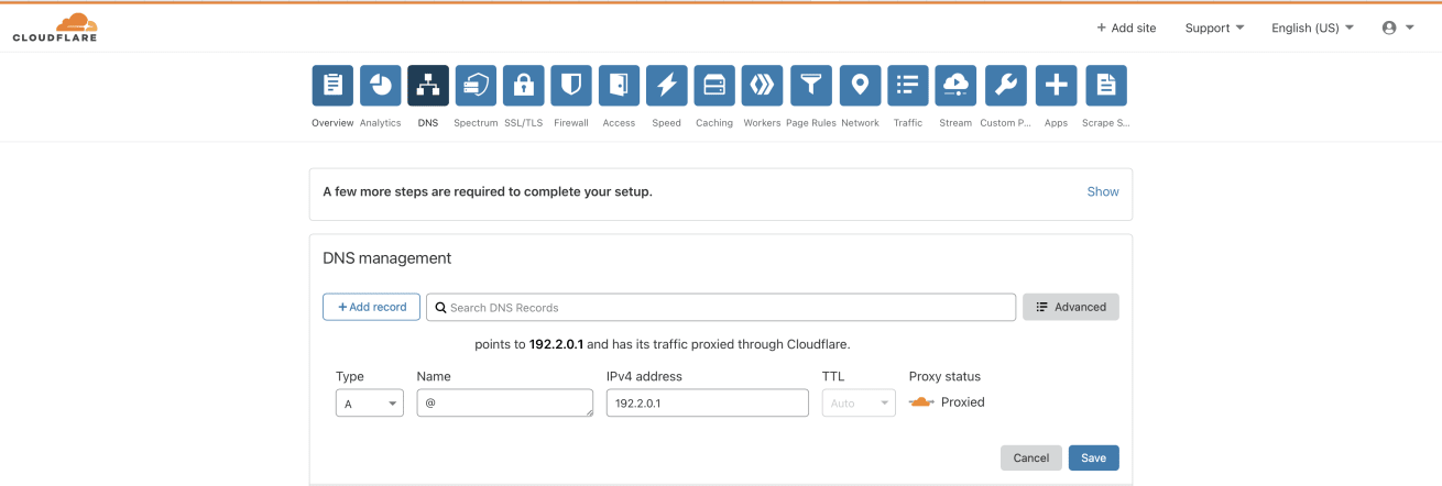 Cloudflare DNS Dashboard Showing A New 'A Record'