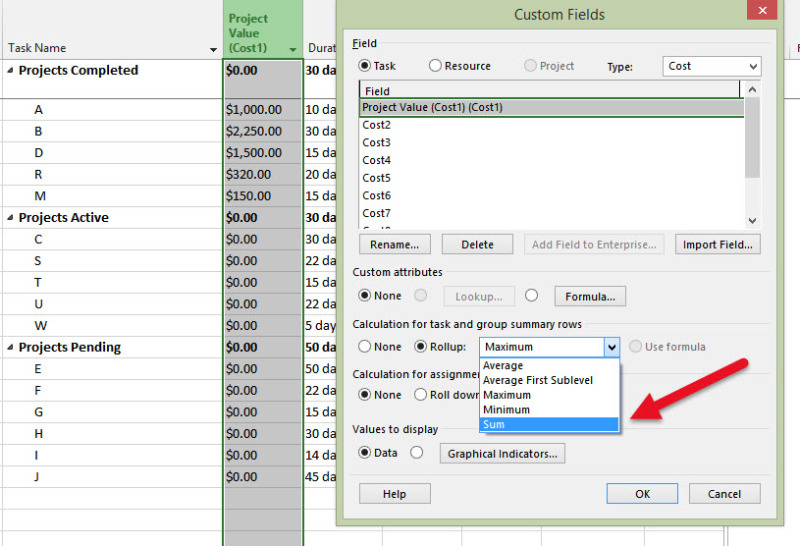 Ms Project 13 How Do I Show A Sum Of Values In A Column Microsoft Project Tek Tips