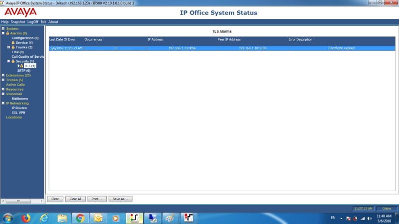 TLS Alarm: Certifcate Expired Avaya: IP Office Tek Tips