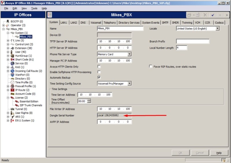 Dongle Serial Number not under System - Avaya: IP Office - Tek-Tips