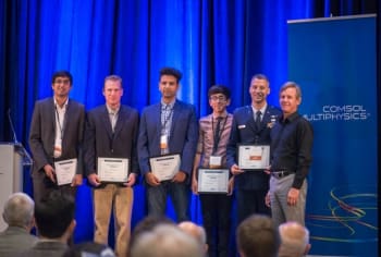 Winners of the best paper and poster awards from the COMSOL Conference. (Image courtesy of COMSOL.) Pictured from left to right: Fahd Mohiyaddin, Oak Ridge National Laboratory; Shaun Berry, MIT Lincoln Laboratory; Dipesh Niraula, University of Toledo; Cristian Morales, Boston University; Bryan Adomanis, Air Force Institute of Technology; and Svante Littmarck, CEO and president of COMSOL. Not pictured: Hwaider Lin, Northeastern University, and Curtis Bradley, Benét Laboratories.