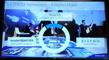 ESTECO is trying to position itself to move to larger organizations using their technology with the collaboration tool VOLTA and the BPMN tool BeePMN.com. (Image taken at ESTECO Technology Days.)