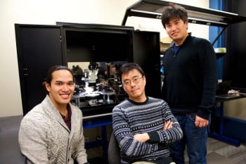 MIT researchers Scott H. Tan, Jeehwan Kim, and Shinhyun Choi. (Image courtesy of Kuan Qiao.)