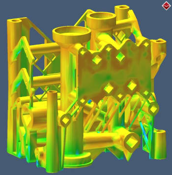 The effective stress in a 3D-printed manifold after it is cut from a base plate. (Image courtesy of MSC Software.)