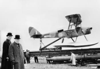Winston Churchill at the launch of the de Havilland Queen Bee drone in 1941. (Image courtesy of the Imperial War Museum.)
