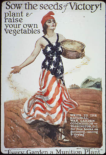 WWI-era U.S. victory poster featuring Columbia sowing seeds.