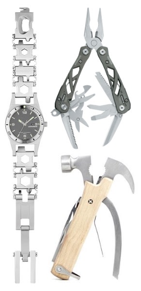 L: Leatherman Tread Tempo Multi-Tool Timepiece. Top R: Gerber Suspension Multi-Plier, and Kikkerland Hammer Milti-Tool.