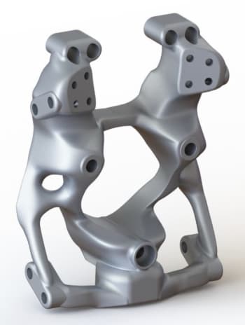 Using SOLIDWORKS Simulation topology optimization, Giaffone Racing reduced the weight of this suspension upright by 60 percent. (Image courtesy of SOLIDWORKS.)