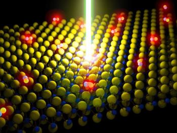 Schematic of a laser beam energizing a monolayer semiconductor made of molybdenum disulfide (MoS2). The red glowing dots are particles excited by the laser. (Image courtesy of Der-Hsien Lien/UC Berkeley.)