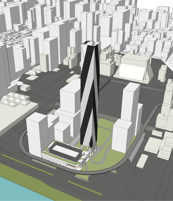 This rendering of the design context integrates the two buildings into the rest of the city. (Image courtesy of Rubén Hernández Fontana and Jonathan Reeves.)