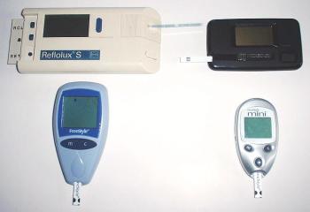 Examples of glucometers for diabetes management, from the late 1980s to early 2000s. Top left: Reflolux S (Accu-Chek III in the U.S.), by Boehringer Mannheim, introduced 1991. Top right: ExacTech Card, by MediSense. Introduced 1987. Bottom left: FreeStyle, by TheraSense. Introduced 2003. Bottom right: Freestyle Mini, by Abbott. Introduced 2004