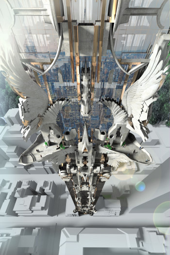 A downward view of the tower’s architectural details. (Image courtesy of Mark Foster Gage Architects.)