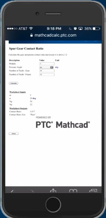 With Mathcad Gateway, a calculation developed on the desktop can be shared through a web browser or a mobile device. (Picture from PTC video.)