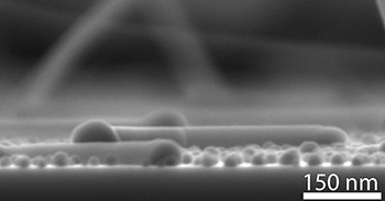 An image of a nanocrawler, a horizontal nanowire that crawls along a graphene surface. (Image courtesy of Carnegie Mellon University.)