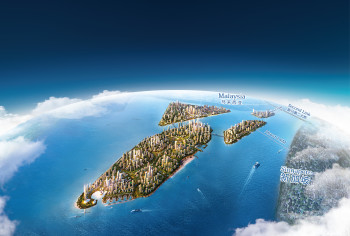 The four islands will occupy the Johor Strait between Singapore and Malaysia, within easy transit distance of both countries. (Image courtesy of Country Garden.)