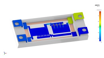 Temperature distribution of an insulated-gate bipolar transistor (IGBT) calculated from Ohmic losses determined by a coupled magnetic-thermal simulation. (All image courtesy of ANSYS.)
