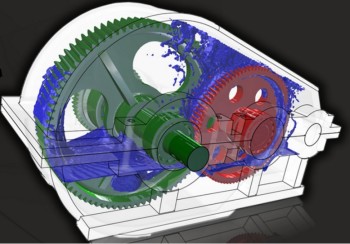 CFD simulation using XFlow to study the lubrication of a gearbox. (Image courtesy of Next Limit Dynamics.)