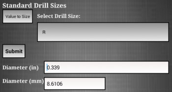 Figure 2. Standard drill size calculator showing the inch and metric sizes for the letter R drill. (Image courtesy of Arkatek Studios.)