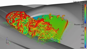 The turbulent flow around the car’s mirror can be added into an AVA study to assess its impact on the interior noise of the car. (Image courtesy of ESI Group.)