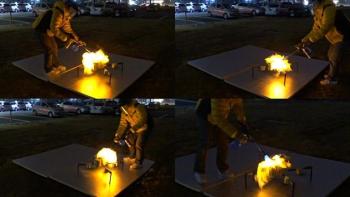 Trial by fire: a team member lights FAROS up to test its fireproof capabilities. (Image courtesy of KAIST.)