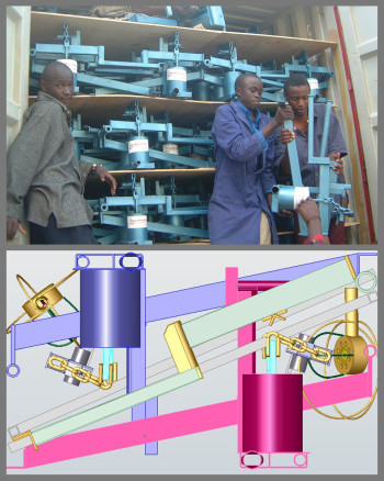 Spybey and his team changed the shipping configuration of the KickStart MoneyMaker Max treadle pump to fit twice as many pumps into a 40-foot shipping container, significantly reducing freight costs. (Image courtesy of Alan Spybey.)