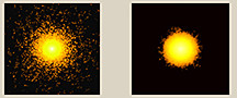 Researchers have used a modern theory of heat transport in experiments with semiconductors used in computers, lasers and thermoelectrics. The left image shows a rendering of heat spreading in a semiconductor using the modern transport theory. The image on the right shows a rendering using the conventional heat-transport theory. (Image courtesy of Purdue University/Bjorn Vermeersch and Ali Shakouri.)