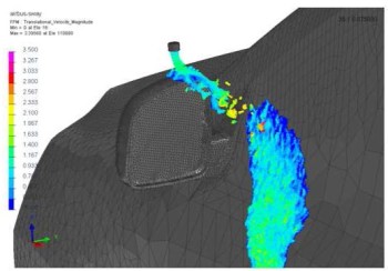 Water draining around a rear view mirror simulated by the CFD capabilities of ESI’s Virtual Performance Solution. (Image courtesy of ESI Group.)