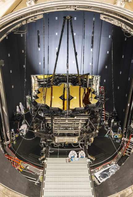 NASA's James Webb Space Telescope sits inside Chamber A at NASA's Johnson Space Center, Houston. (Image courtesy of NASA/Chris Gunn.)