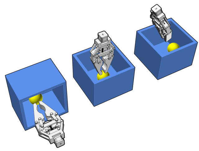 Figure 1: The sphere is symmetric and can be grasped from any angle. The figure shows 3 approaches to grasp a sphere. The control system uses a 3 DOF constraint (position only) and optimizes the approach by automatically rotating the gripper to avoid collision with the box.
